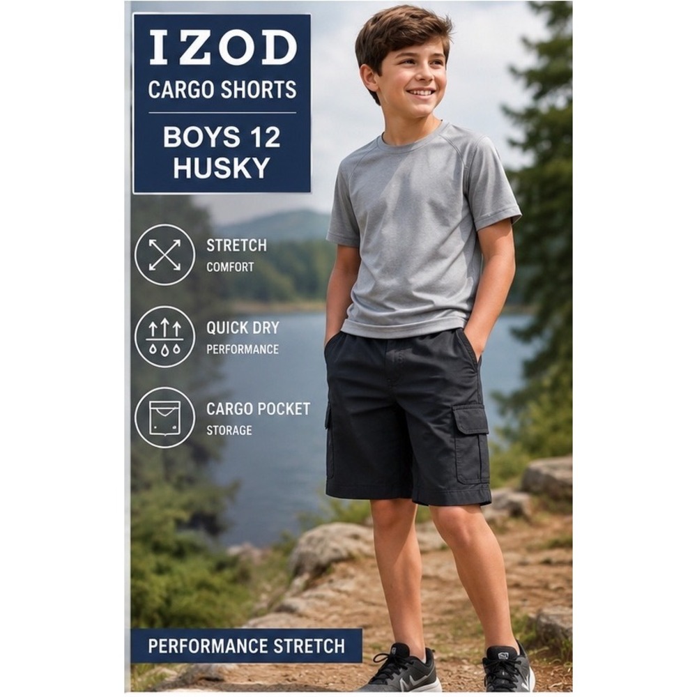 IZOD Cargo Shorts Boys 12 Husky Black Performance Stretch Elastic Waist